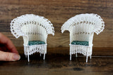 Artisan-Made Vintage 1:12 Miniature Dollhouse White Wicker Chair with Green Floral Cushion Signed by Artist