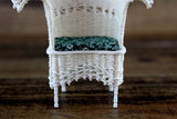 Artisan-Made Vintage 1:12 Miniature Dollhouse White Wicker Chair with Green Floral Cushion Signed by Artist