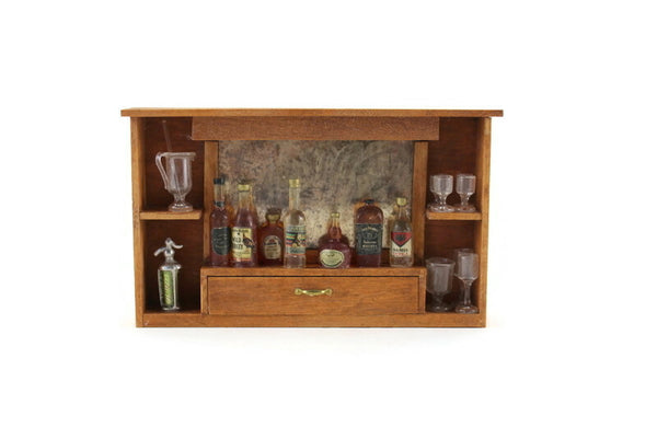 Artisan-Made Vintage 1:12 Miniature Dollhouse Wooden Wall-Mounted Bar Shelf with Mirror & Accessories