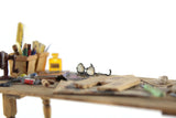 Artisan-Made Vintage 1:12 Miniature Dollhouse Craft Table Workbench with Accessories Signed by Artist