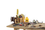 Artisan-Made Vintage 1:12 Miniature Dollhouse Craft Table Workbench with Accessories Signed by Artist