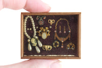 Artisan-Made Vintage 1:12 Miniature Dollhouse Wooden Jewelry Display Box with 14 Pieces of Ornate Jewelry