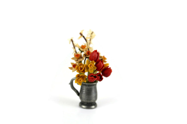 Artisan-Made Vintage 1:12 Miniature Dollhouse Daffodil & Tulip Flower Arrangement in Silver Metal Vase