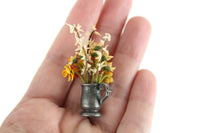 Artisan-Made Vintage 1:12 Miniature Dollhouse Daffodil & Tulip Flower Arrangement in Silver Metal Vase