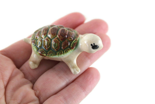 Vintage Beige Porcelain Turtle Figurine with Green & Brown Shell
