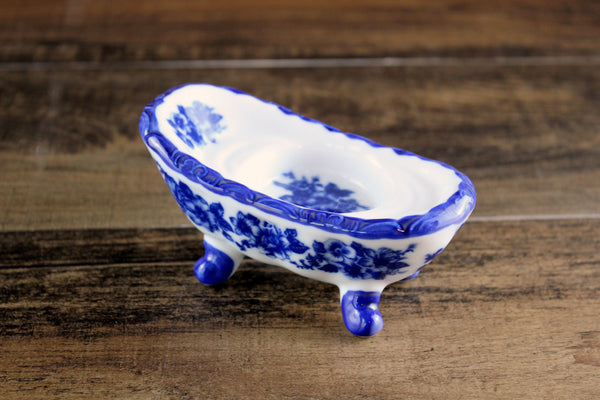 Vintage 1:12 Miniature Dollhouse Cobalt Blue & White Floral Porcelain Bathtub