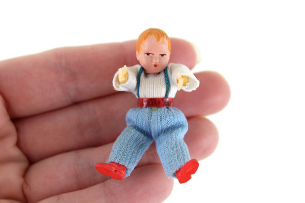 Vintage 1:12 Dollhouse Plastic Baby Boy Figurine with Blue Pants & Red Shoes