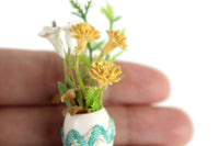 Vintage 1:12 Miniature Dollhouse White & Yellow Flower Arrangement in White & Blue Vase