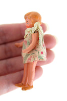 Vintage 1:12 Dollhouse Plastic Girl Daughter Figurine in Beige Leaf Print Dress with Jointed Arms & Legs