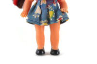Vintage 1:12 Dollhouse Plastic Girl Daughter Figurine in Blue & Red Heart Print Dress with Jointed Arms & Legs
