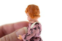 Vintage 1:12 Dollhouse Plastic Girl Daughter Figurine in Pink Dragonfly Print Dress