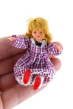 Vintage 1:12 Dollhouse Plastic Girl Daughter Figurine in Pink & Purple Plaid Dress