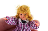 Vintage 1:12 Dollhouse Plastic Girl Daughter Figurine in Pink & Purple Plaid Dress