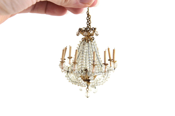 Vintage 1:12 Miniature Dollhouse Gold & Clear Beaded Crystal Candle Chandelier