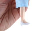 Vintage 1:12 Dollhouse Plastic Grandmother Grandma Figurine in White & Blue Printed Dress