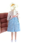 Vintage 1:12 Dollhouse Plastic Grandmother Grandma Figurine in White & Blue Printed Dress