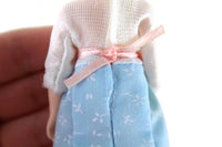 Vintage 1:12 Dollhouse Plastic Grandmother Grandma Figurine in White & Blue Printed Dress