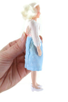 Vintage 1:12 Dollhouse Plastic Grandmother Grandma Figurine in White & Blue Printed Dress