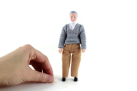 Vintage 1:12 Dollhouse Plastic Grandfather Grandpa Figurine in Gray Sweater & Brown Pants