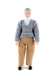 Vintage 1:12 Dollhouse Plastic Grandfather Grandpa Figurine in Gray Sweater & Brown Pants