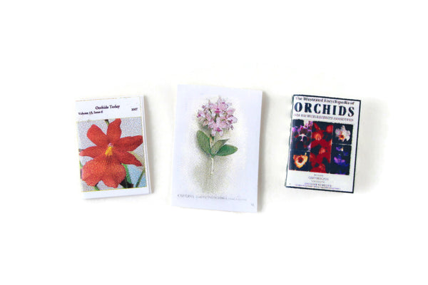 Vintage 1:12 Miniature Dollhouse Set of 3 Orchid-Themed Book, Magazine, & Poster