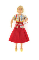 Vintage 1:12 Dollhouse Rubber Mother Mom Figurine in Plaid Shirt & Red Skirt