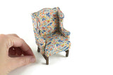 Vintage 1:12 Miniature Dollhouse Beige, Blue & Orange Floral Pattern Wingback Chair
