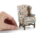 Vintage 1:12 Miniature Dollhouse Beige, Blue & Orange Floral Pattern Wingback Chair
