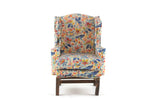 Vintage 1:12 Miniature Dollhouse Beige, Blue & Orange Floral Pattern Wingback Chair