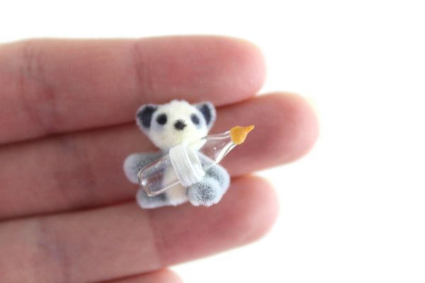 Vintage 1:12 Miniature Dollhouse Gray & White Flocked Teddy Bear with Glass Baby Bottle