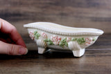 Vintage 1:12 Miniature Dollhouse Off-White Porcelain Bathtub with Textured Pink Flowers & Green Leaves