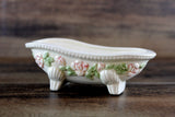 Vintage 1:12 Miniature Dollhouse Off-White Porcelain Bathtub with Textured Pink Flowers & Green Leaves