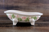 Vintage 1:12 Miniature Dollhouse Off-White Porcelain Bathtub with Textured Pink Flowers & Green Leaves