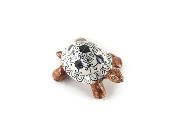 Vintage Painted Ceramic Brown Turtle Figurine with Black & White Shell Made in Ecuador