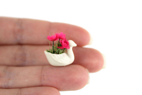 Vintage 1:12 Miniature Dollhouse White Swan Planter with Pink Flowers