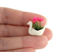 Vintage 1:12 Miniature Dollhouse White Swan Planter with Pink Flowers