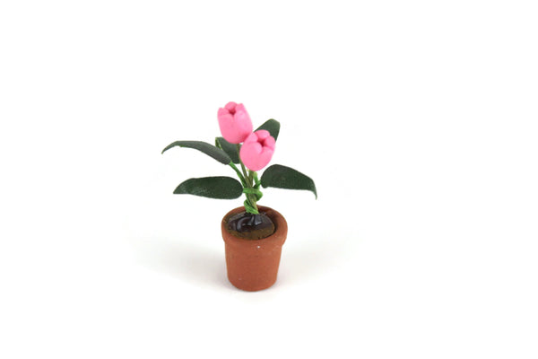 Vintage 1:12 Miniature Dollhouse Pink Tulip Potted Plant