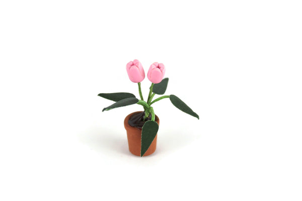 Vintage 1:12 Miniature Dollhouse Pink Tulip Potted Plant