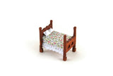 Vintage 1:48 Quarter Scale Miniature Dollhouse Wooden Bed with Floral Bedding
