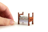 Vintage 1:48 Quarter Scale Miniature Dollhouse Wooden Bed with Floral Bedding