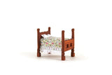 Vintage 1:48 Quarter Scale Miniature Dollhouse Wooden Bed with Floral Bedding
