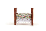 Vintage 1:48 Quarter Scale Miniature Dollhouse Wooden Bed with Floral Bedding