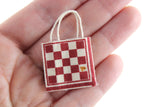 Vintage 1:12 Miniature Dollhouse Red & Beige Check Print Tote with Cow