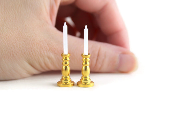 Vintage 1:12 Miniature Dollhouse Set of 2 Gold Brass Candlesticks