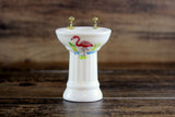 Vintage 1:12 Miniature Dollhouse White Porcelain Bathroom Pedestal Sink with Pink Flamingo Accent
