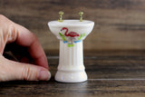 Vintage 1:12 Miniature Dollhouse White Porcelain Bathroom Pedestal Sink with Pink Flamingo Accent