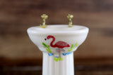 Vintage 1:12 Miniature Dollhouse White Porcelain Bathroom Pedestal Sink with Pink Flamingo Accent