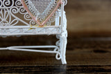 Vintage 1:12 Miniature Dollhouse White Metal Bench with Pink & Blue Accents