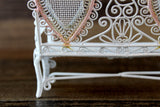 Vintage 1:12 Miniature Dollhouse White Metal Bench with Pink & Blue Accents
