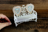 Vintage 1:12 Miniature Dollhouse White Metal Bench with Pink & Blue Accents